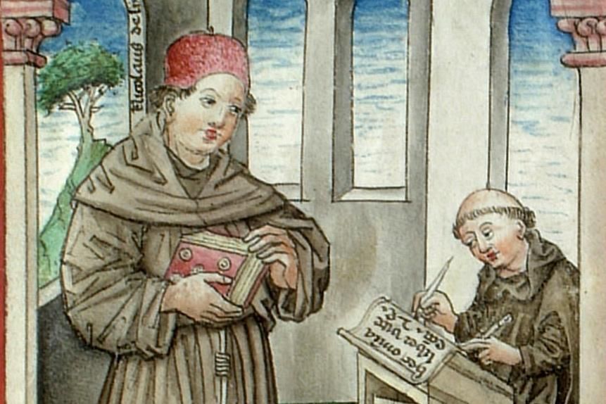 Nicolaus de Lyra diktiert seinem Schreiber. Wiblingen, 1454. Quelle: Württ. Landesbibliothek Stuttgart